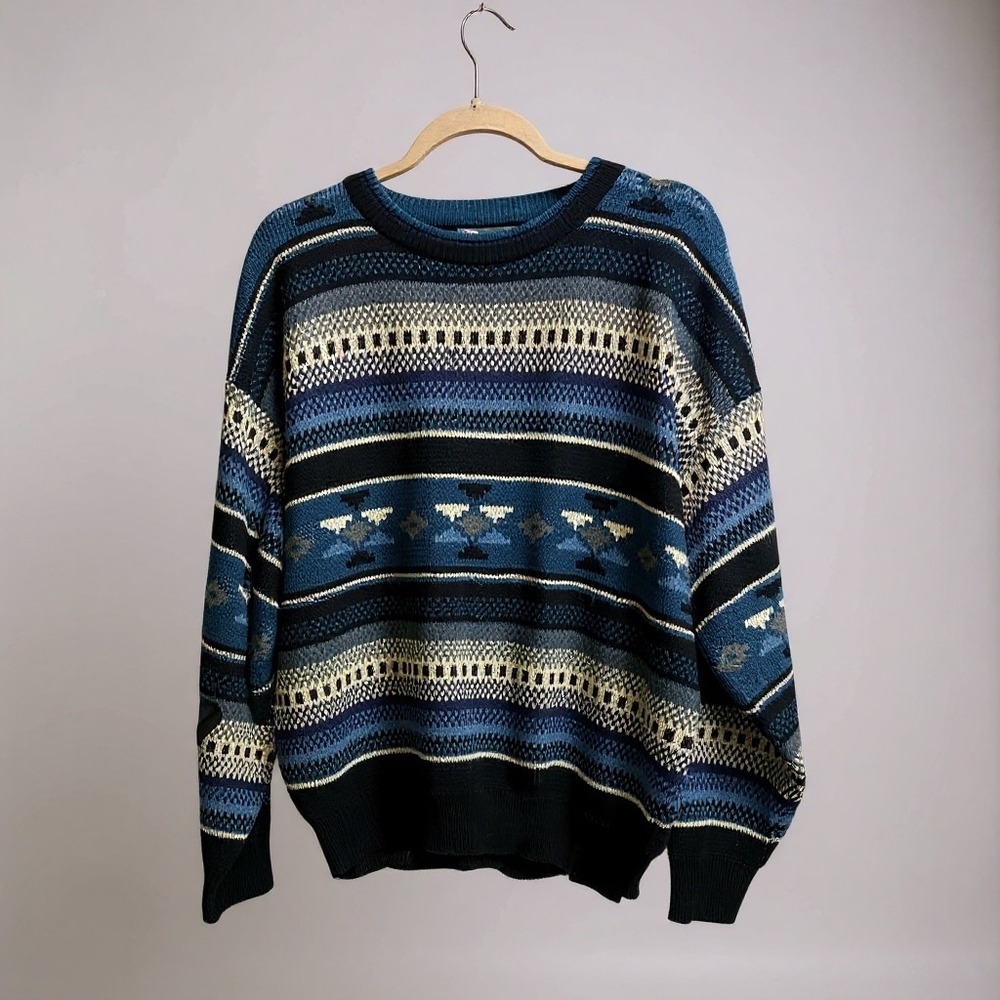 Timber Trail Mens Crewneck Sweater Geometric‎ Pattern Blue Black XL Acrylic Y2K